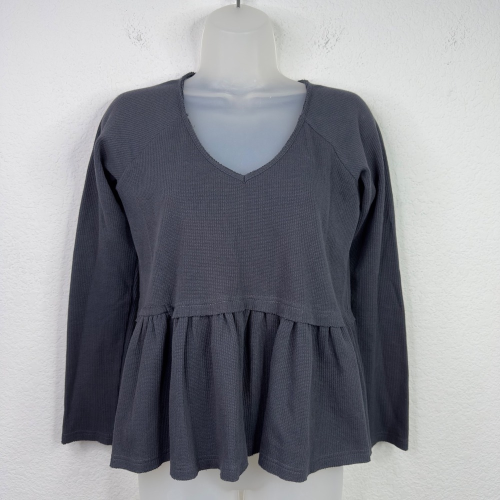 Anama Shirt womens‎ S Gray Peplum Waffle Knit Thermal Casual Boho Minimalist